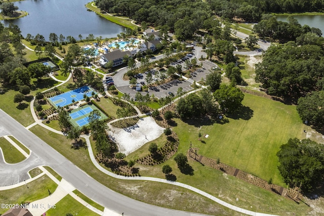 drone / aerial view with a water view