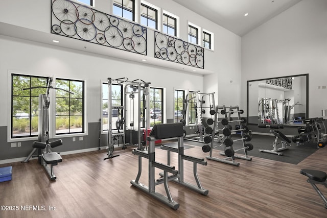 gym with wood-type flooring and a towering ceiling