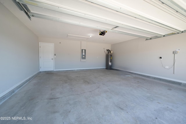 garage featuring electric panel, a garage door opener, and water heater