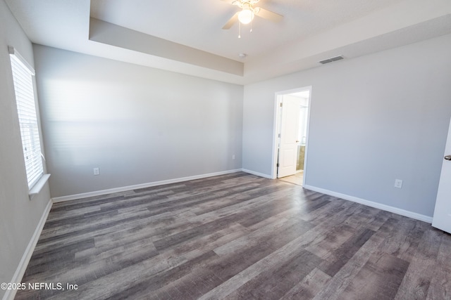 spare room with dark hardwood / wood-style flooring, a raised ceiling, and a wealth of natural light