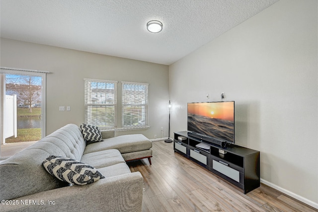 living room featuring a wealth of natural light, light hardwood / wood-style floors, and a textured ceiling