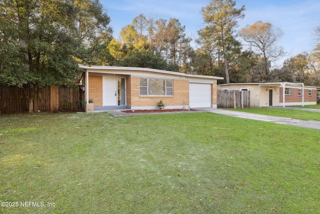 view of front of property with brick siding, concrete driveway, an attached garage, fence, and a front lawn