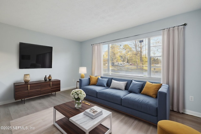 living area featuring a textured ceiling, baseboards, and wood finished floors