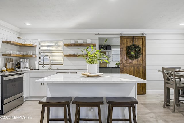 kitchen featuring a barn door, stainless steel range with electric cooktop, and a kitchen island