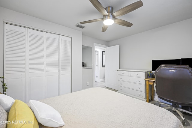 bedroom featuring ceiling fan and a closet