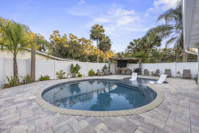 view of swimming pool featuring exterior bar and a patio