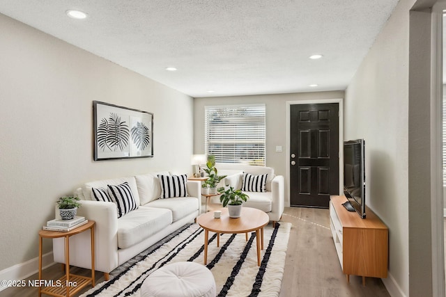 living room with light hardwood / wood-style floors and a textured ceiling