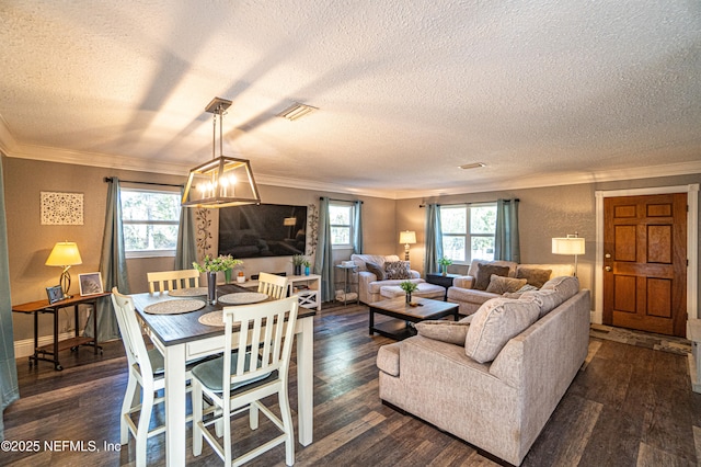 living room featuring a textured ceiling, a wealth of natural light, crown molding, and dark hardwood / wood-style floors