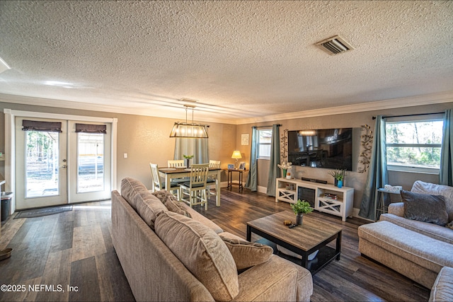 living room with dark hardwood / wood-style flooring, a wealth of natural light, and french doors