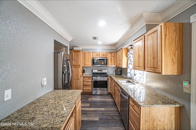 kitchen featuring light stone countertops, sink, dark wood-type flooring, stainless steel appliances, and ornamental molding