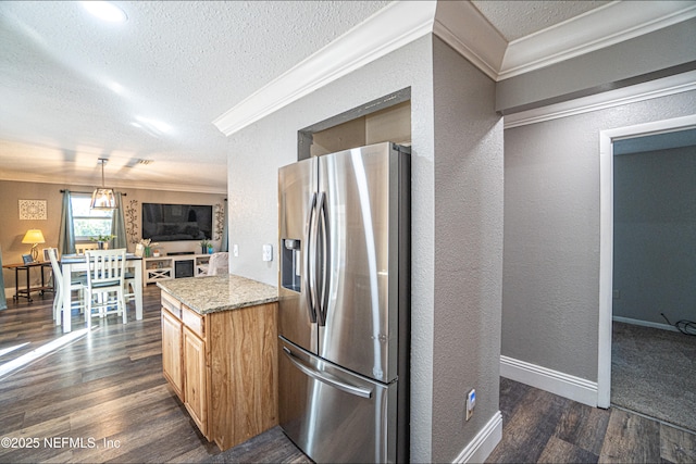 kitchen featuring stainless steel fridge with ice dispenser, dark hardwood / wood-style flooring, and ornamental molding