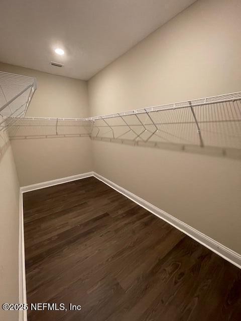 spacious closet with dark hardwood / wood-style floors