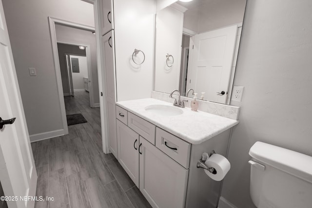 bathroom with vanity, hardwood / wood-style flooring, and toilet