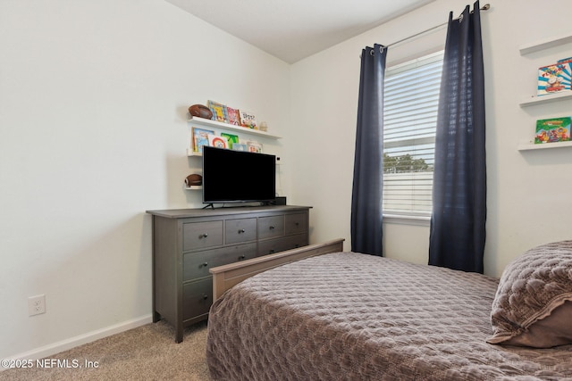 bedroom with light carpet