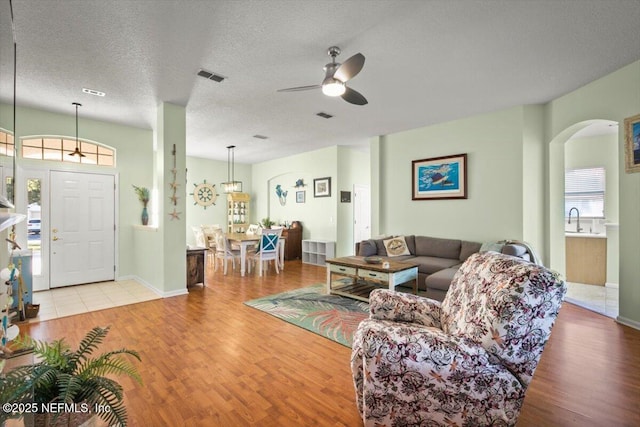 living room with sink, a wealth of natural light, a textured ceiling, and light hardwood / wood-style floors