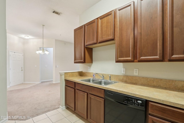 kitchen with light carpet, a sink, visible vents, light countertops, and dishwasher