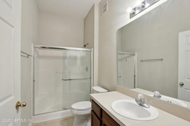 bathroom with visible vents, toilet, tile patterned floors, vanity, and a shower stall