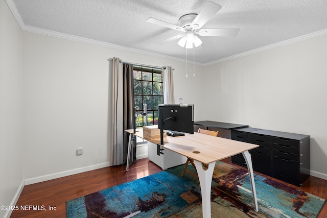 office space featuring ceiling fan, crown molding, and dark hardwood / wood-style floors