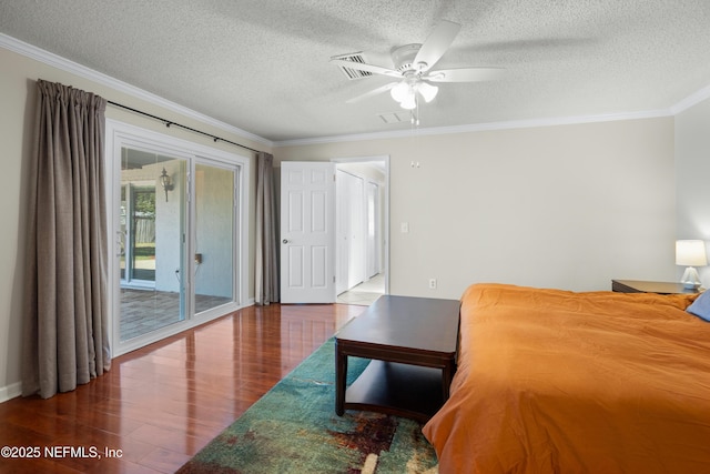 bedroom featuring access to outside, ceiling fan, and ornamental molding