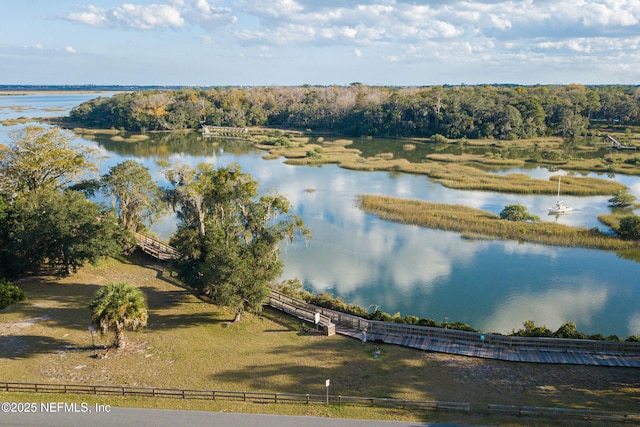 drone / aerial view featuring a water view