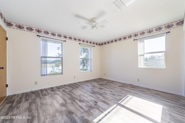 empty room featuring ceiling fan, a textured ceiling, and wood-type flooring