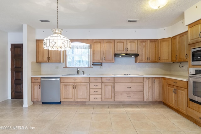 kitchen featuring stainless steel appliances, sink, a textured ceiling, light tile patterned floors, and pendant lighting