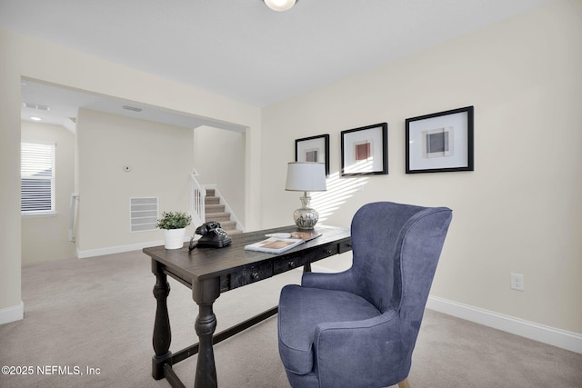 home office featuring light colored carpet