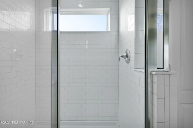 details with a shower with shower door