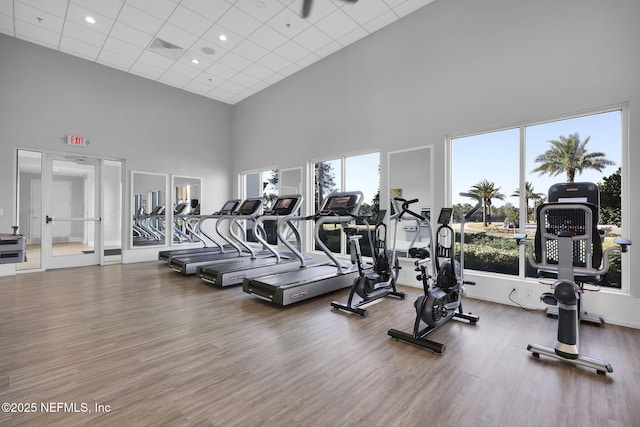 gym featuring hardwood / wood-style flooring, a paneled ceiling, and a high ceiling