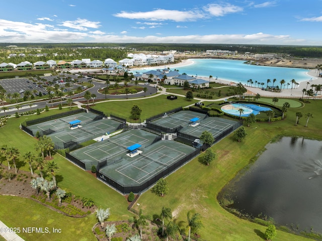 aerial view featuring a water view