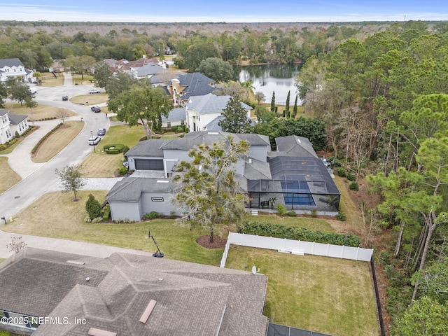 aerial view featuring a water view