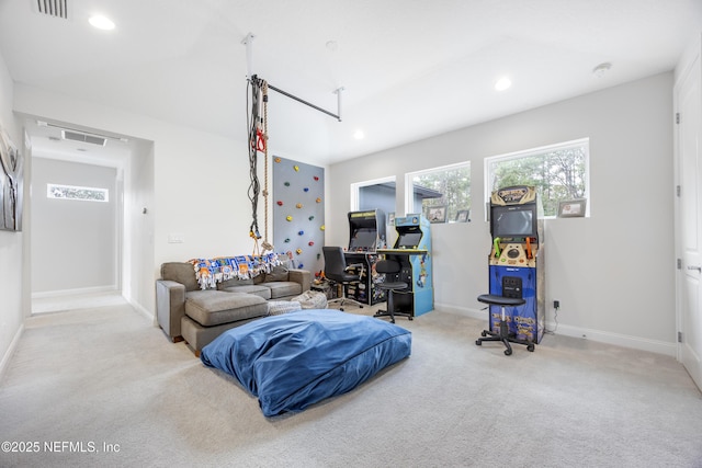 living room featuring light carpet