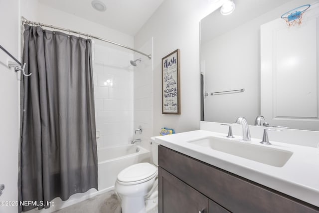 full bathroom with toilet, vanity, and shower / tub combo with curtain