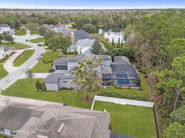 drone / aerial view featuring a water view