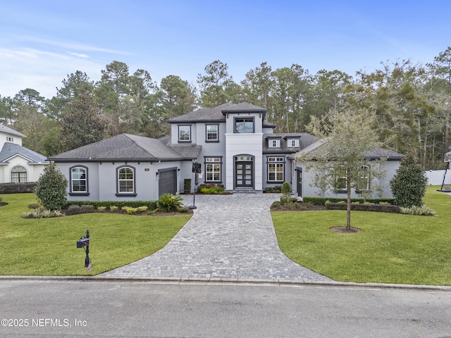 view of front of house featuring a garage and a front lawn