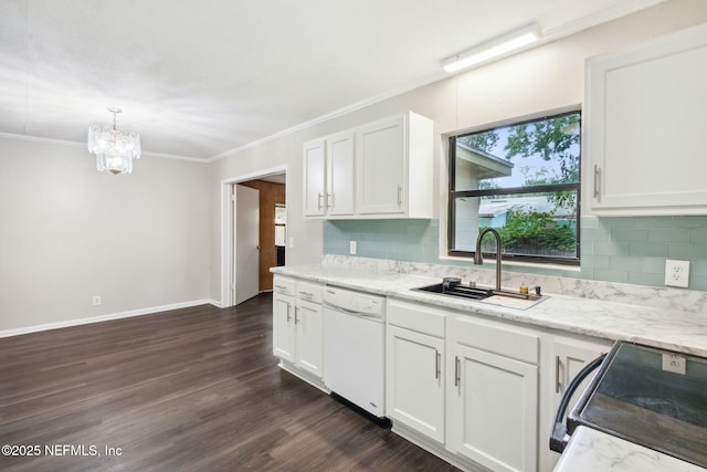 kitchen with white cabinetry, sink, dark wood-type flooring, stove, and white dishwasher