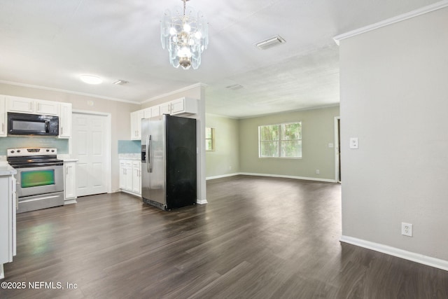 kitchen with decorative backsplash, appliances with stainless steel finishes, crown molding, dark wood-type flooring, and white cabinets