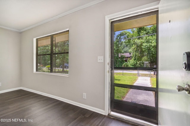 entryway featuring dark wood-type flooring and ornamental molding