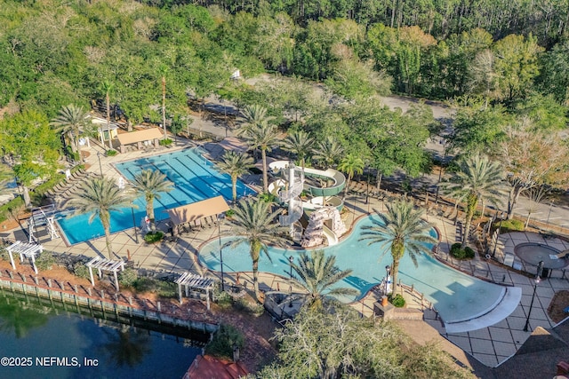 drone / aerial view with a water view