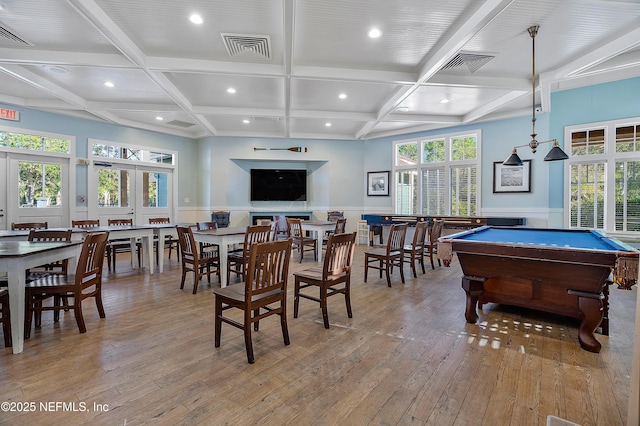 recreation room featuring beam ceiling, french doors, pool table, and light hardwood / wood-style flooring