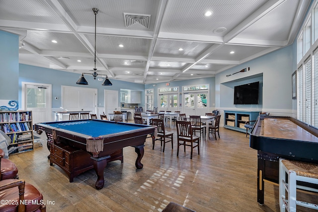 recreation room with light hardwood / wood-style floors, billiards, beam ceiling, and coffered ceiling