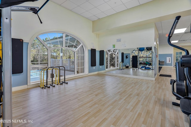 workout area with light hardwood / wood-style floors, a drop ceiling, and a towering ceiling