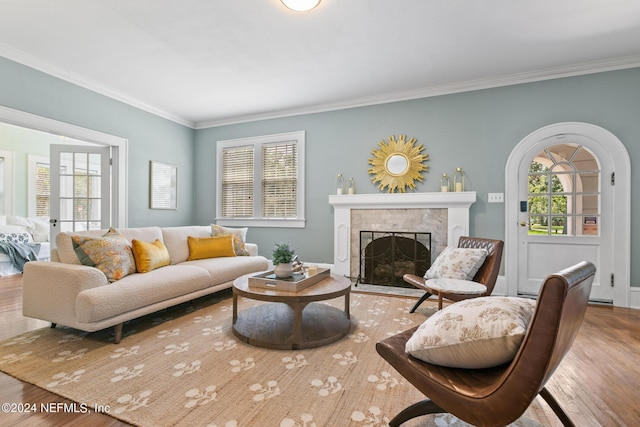 living room featuring a premium fireplace, light hardwood / wood-style floors, and ornamental molding