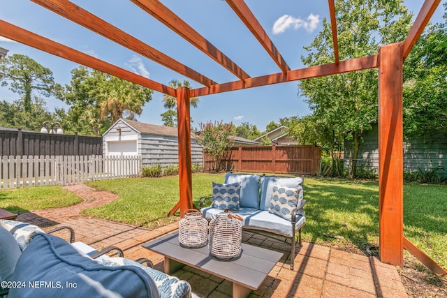 view of patio featuring a pergola and outdoor lounge area