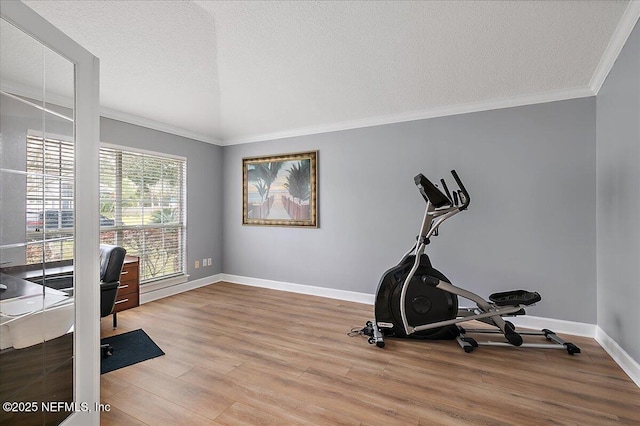 office with ornamental molding, light hardwood / wood-style flooring, vaulted ceiling, and a textured ceiling