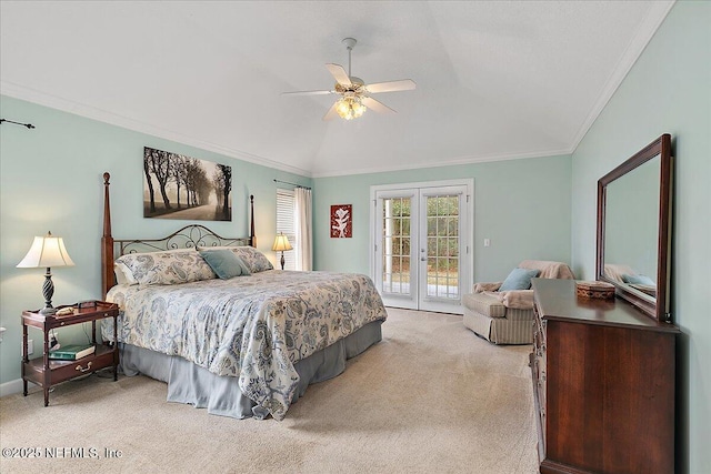 carpeted bedroom with ceiling fan, ornamental molding, french doors, access to exterior, and lofted ceiling