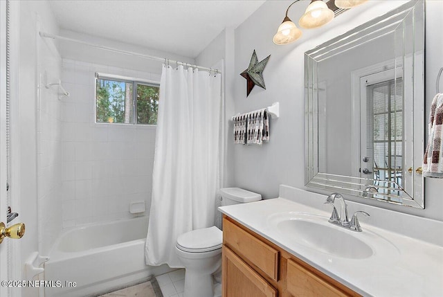 full bathroom with shower / bath combo, tile patterned flooring, vanity, and toilet