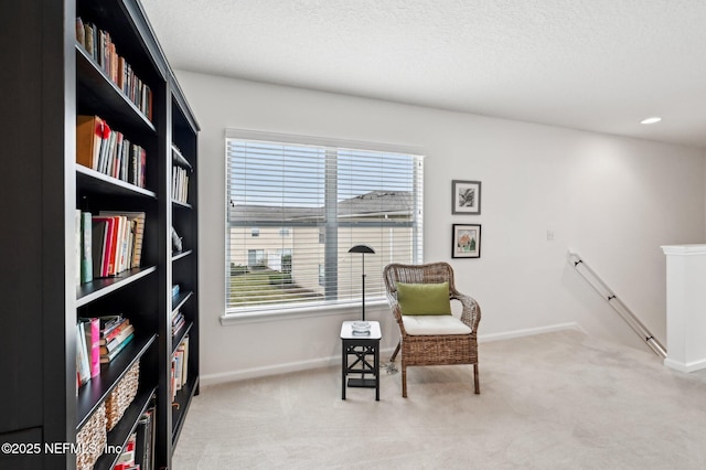 sitting room featuring carpet floors and a textured ceiling