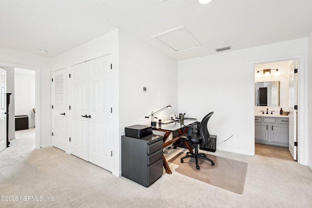 carpeted home office with sink