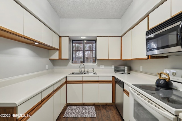 kitchen featuring light countertops, stainless steel appliances, dark wood-style floors, white cabinetry, and a sink